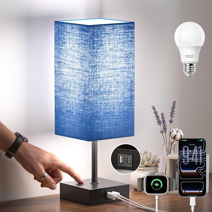 Nightstand Lamps for Bedroom Touch Bedside Table Lamp with USB C+A | Navy Blue Lampshade 14-inch, 3 Way Dimmable Small Bedside Lamps for Living Room ,Dorm, Office, Home Decor, LED Bulbs Included
