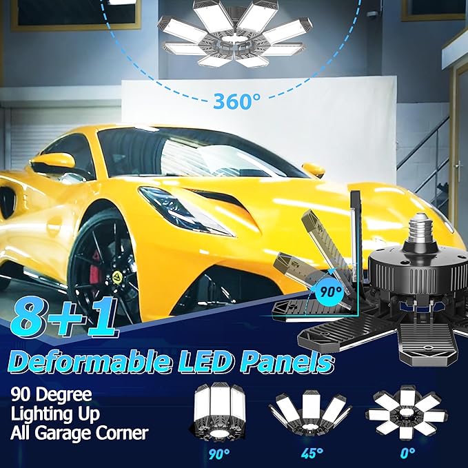 ISKYDRAW LED Garage Lights 8 Pack, 260W 26000LM Bright Shop Light | 8+1 Deformable Panels,6500K Daylight,Screw in E26/E27 Bulb Socket,Garage Lighting for Workshop Basement Barn Attic
