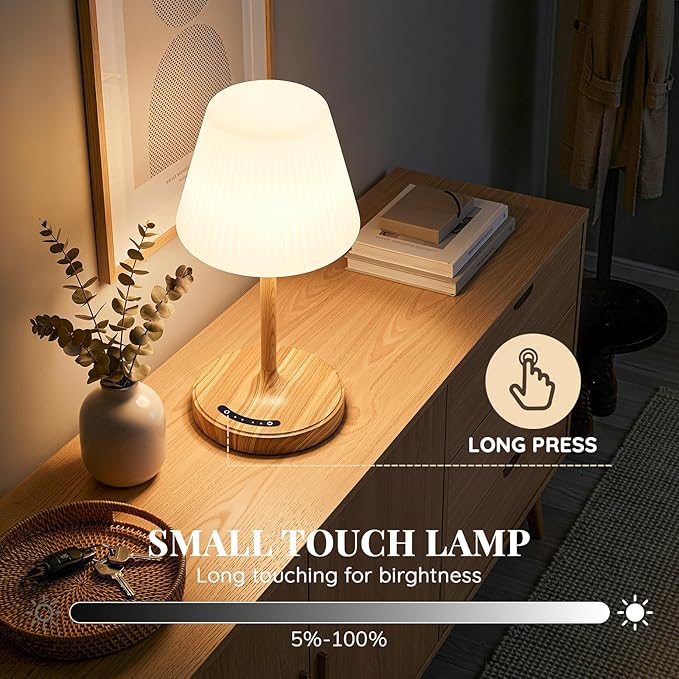 Cordless Table Lamp, Waterproof Shower Lamp, 4000mAh Rechargeable Table Lamps, 3-Color Dimmable Touch Light, Battery Operated Lamp Small Night Desk Lamp for Bathroom Kitchen Bedroom Patio (Wood Grain)