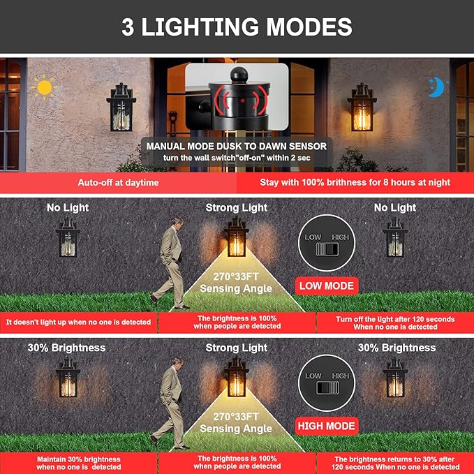 Myhaptim Porch Lights with GFCI Outlet,Dusk to Dawn Motion Sensor Outdoor Lights,3 Lighting Modes Black Front Door Light,Waterproof Exterior Light Fixture,Outside Wall Lamp for House Patio Garage