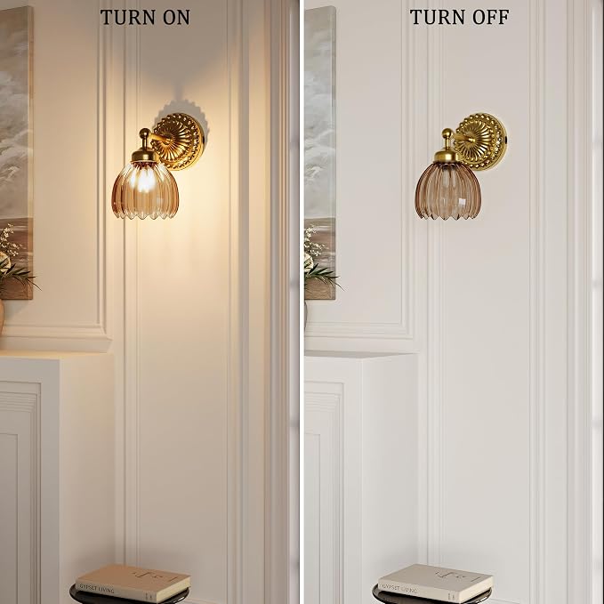 Battery Operated Wall Sconce, Vintage Wall Light, 2 Pack, Amber Tulip Glass | Gold Metal Base, 5200mAh Rechargeable, Dimmable LED, Remote Control, Cordless, Bedside, Bedroom, Doorway, Living Room