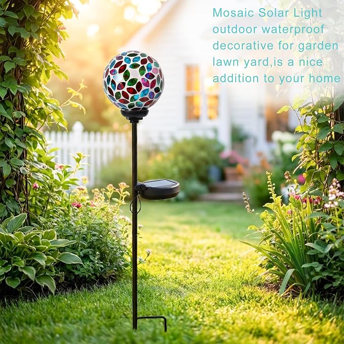 VCUTEKA Decorative Solar Garden Lights, 3.5" Mosaic Globe Outdoor Stake | Mosaic Glass Globe Design, Solar LED Light, Waterproof Design, Auto On/Off and Metal Stake Design for Lawn and Patio