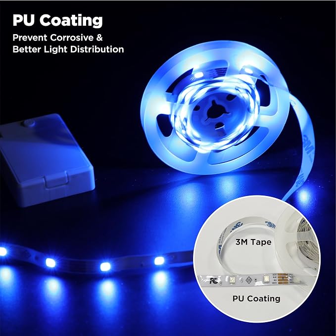 Battery Operated LED Strip Lights 2X 3.33ft Flexible Blue LED Light Strip for Bedroom Room Decor, Battery Powered Lighting for Cabinet Shelf Closet TV Backlight