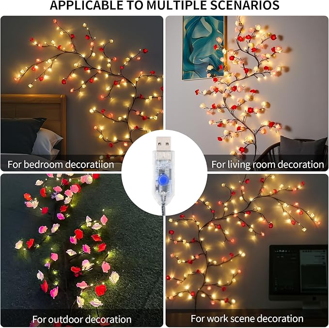 7.55FT 144LED Rose Blossom Enchanted Willow Vine Lights with Battery Box | 3 Color Rose Blossom Tree Branch Lights for Wall, Remote Timer,8 Light Model,Bedroom Wall Doors Wedding, Christmas
