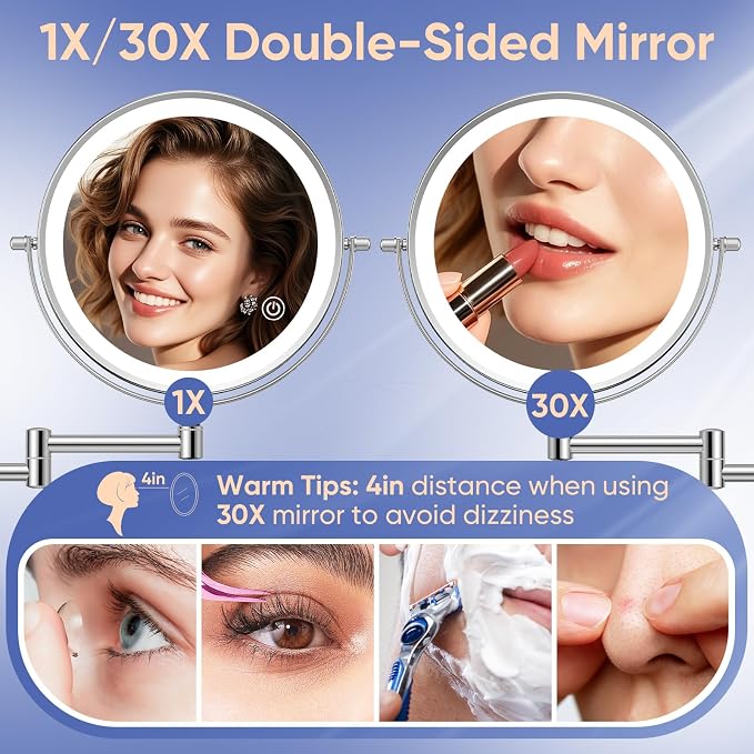 FUNTOUCH 9" Rechargeable Wall Mounted Makeup Mirror with Lights 1X/30X | 5000mAh Double Sided Magnifying Mirror with Dimmable 3 Color Light, Extended Arm 360° Wall Mount Bathroom Mirror-Chrome