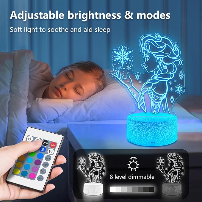 Cute Night Light for Kids, 16 Colors Change Princess Decor Lamp with Remote, Dim for Girls Bedroom 3D Illusion LED Night Lights, Ideal Gifts for Girls Christmas Birthday Party Room Decoration