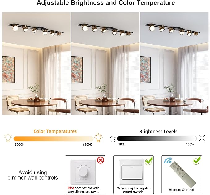 Garwarm 48 Inch Modern Dimmable LED Track Lighting with Remote, Flush Mount | Low-Profile Linear Ceiling Light with 270° Adjustable Heads for Kitchen Island, Dining Room, Bedroom, Office, Living Room