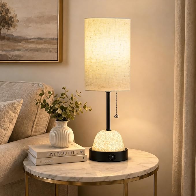 Table Lamp for Bedroom, Dual Light Nightstand Lamp with Fabric Shade & Ceramic Carved Night Light Base, Individual Controls Bedside Lamp for Living Room, 8W LED Bulb Included