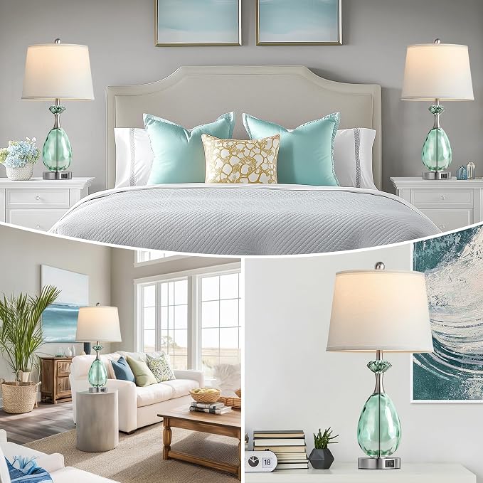 Hamucd Coastal Glass Table Lamps Set of 2, 3-Way Dimmable Touch Control Nautical Lamp with USB A+C Ports,Bedside Lamps Beach Decor, Modern Nightstand Lamps with 2 LED Bulbs for Bedroom Living Room
