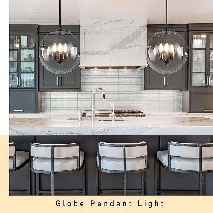 14" Globe Pendant Light 3-Light Black Mid Century Pendant Light Clear Glass Lights Kitchen Island Mid Century Adjustable Hanging Farmhouse Globe Fixtures for Living Room Lobby