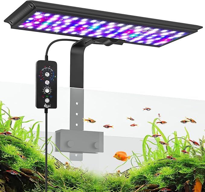 AQQA LED Aquarium Light, 24/7 Mode Clip on Fish Tank Light, DIY Mode Full Spectrum Aquarium Plant Light, Adjustable Timer/Brightness with Memory Function IP68 Waterproof (14W for 12-18 Inch Fish Tank)