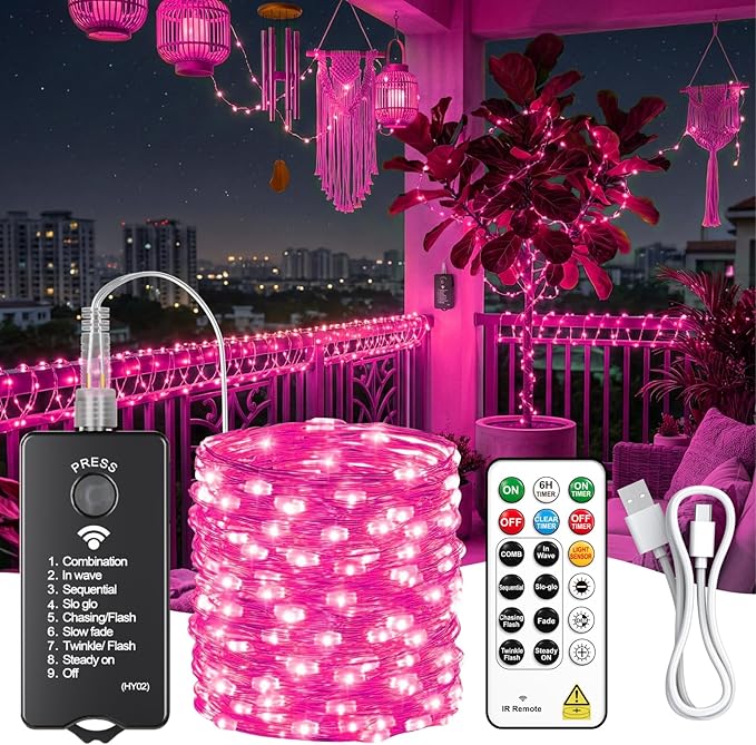 ZSJWL Rechargeable Fairy Lights with Remote，66ft 200 LED Outdoor Battery String Lights with DIY Timer & Light Sensor, Waterproof Dimmable Twinkle Light for Tree Christmas Indoor, Pink