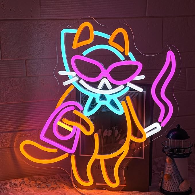 Cat Neon Sign for Wall Decor, Cool Cat Neon Light Wall Art with Dimmable Switch,USB Powered Cool Lady LED Light Up Sign Neon for bedroom,Bar, Living Room,Pet Shop Decor