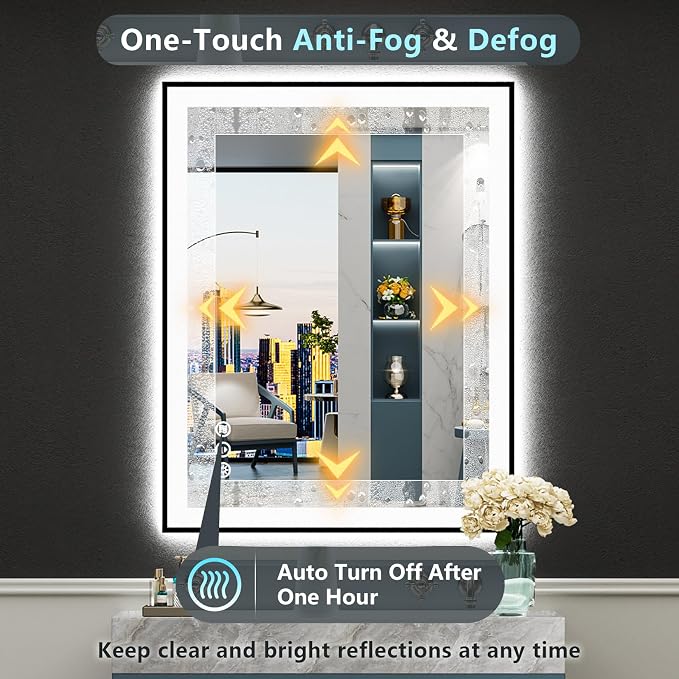 24x32 Black LED Bathroom Mirror, Backlit & Front Lit Lighted Mirror | Metal Framed Anti-Fog Vanity Mirror with Lights, 3 Color Dimmable, Memory, Tempered Glass, CRI95, IP54, Horizontal/Vertical