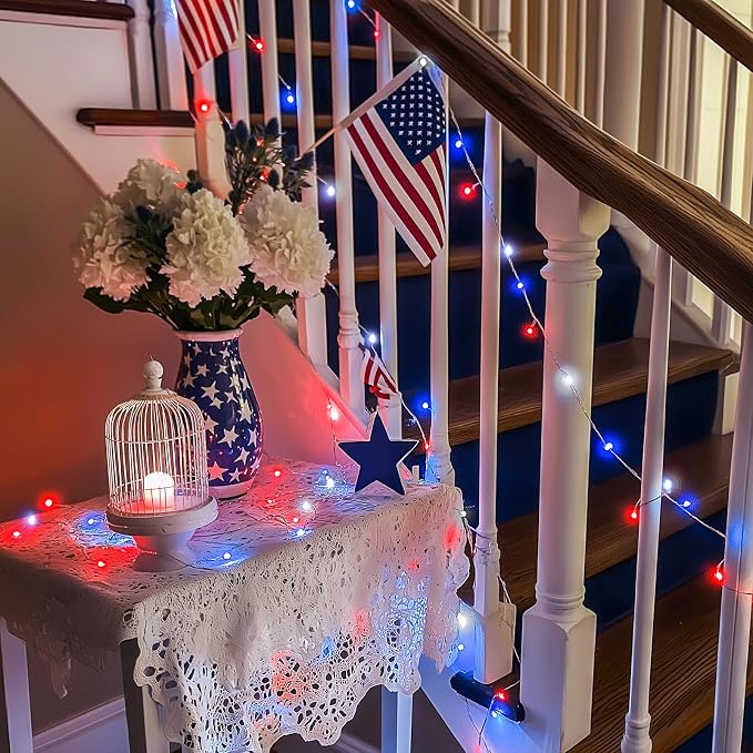 JMEXSUSS 200 LED 4th of July Fairy Lights, Red White and Blue Lights Indoor | 8 Modes with Wheel Remote Control Twinkle Patriotic Lights in for Independence Day American Flag Holiday