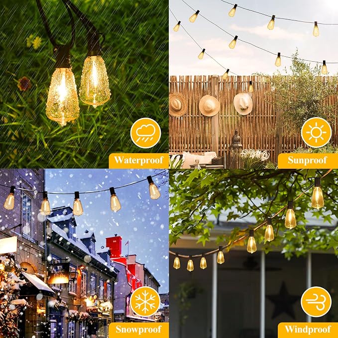 150FT Outdoor String Lights 77 Bulbs, 2200K Amber Lights | 2 Spare ST38 Edison Bulbs Dimmable, Connectable Plug-in LED Patio Lights for Outsiede, Cafe, Wedding, Christmas