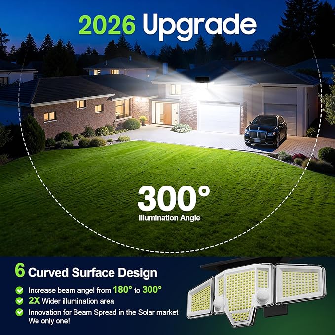 Solar Lights Outdoor Waterproof, 4000LM Solar Flood Lights -Dual Motion Sensor & Curved 300°Wide Beam, Larger 3500mAh, Adjustable Solar Security Lights for Yard-2Pack Black