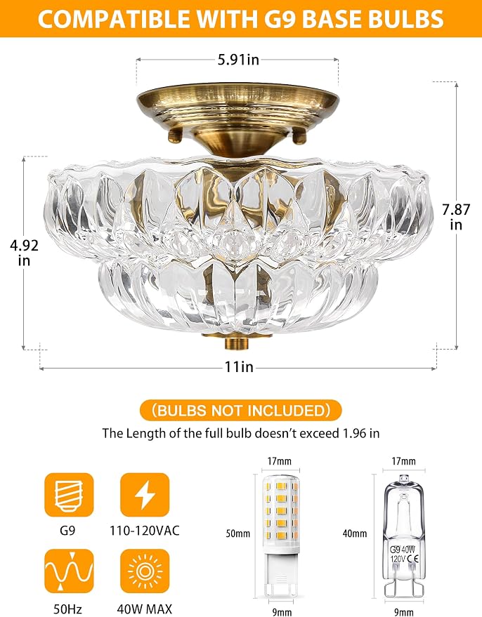 Semi Flush Mount Ceiling Light,11IN 3-Bulb Clear Glass | Vintage Gold Hallway Lights Fixture, Globe Close to Ceiling Light for Bathroom, Hallway, Dining Room,Bulb Not Included