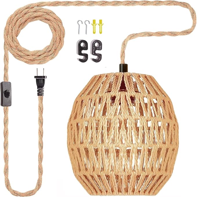 Maliralt Hanging Lamps Rattan Pendant Light Hanging Lights 16.4ft Plug in Cord Pendant Light Fixture Plug Into Wall Outlet Pendant Lighting with On Off Switch for Bedroom Living (Egg Shade)