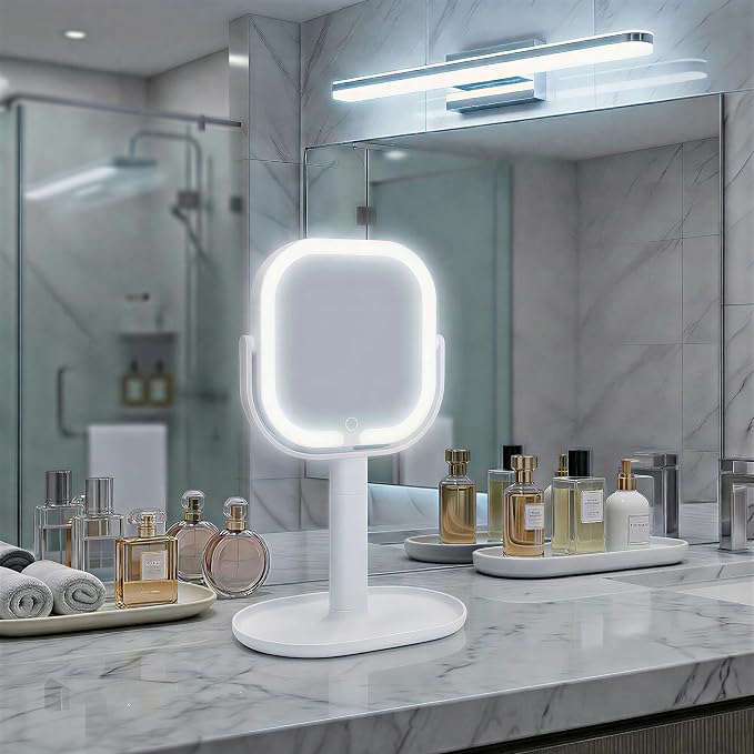 Makeup Mirror with Lights, 1X/10X Magnifying Mirror with Light, Rechargeable Lighted Makeup Mirror with Magnification, 3-Color Lighting, Height Adjustable 360° Rotation Desk Mirror, Gift for Women