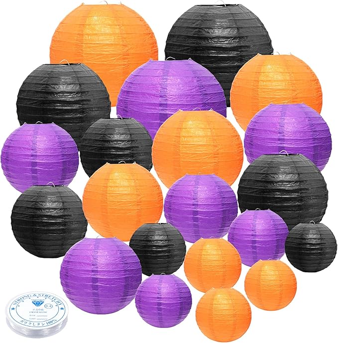 21 Pcs Paper Lanterns Party Decorations, 4/6/8/10 Inch Orange Black Purple Hanging Paper Lanterns for Halloween Decorations, Horror Party, Spooky Home Ceiling Decor Indoor Outdoor