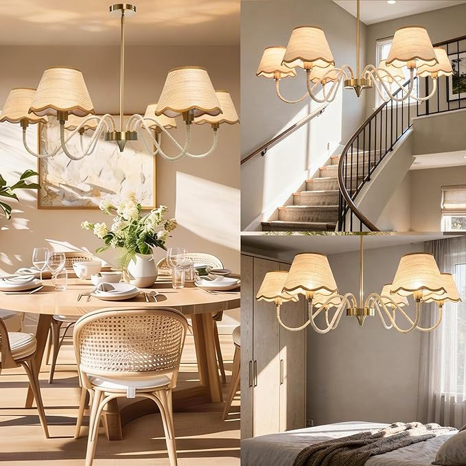 39" Boho Rattan Chandelier, 6-Light Rattan Pendant Light, Handwoven Natural Rattan, Rustic Industrial Adjustable Rattan Fixture for Dining Room, Kitchen Island & Living Room, E12 Socket