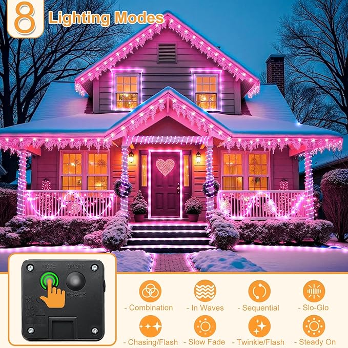 2 Pack Solar Rope Lights Outdoor Waterproof, Total 66FT 270 LED Solar String Lights for Outside 8 Modes, Solar Powered Fairy Light for Patio Pool Landscape Walkway Party Holiday Decorations, Pink