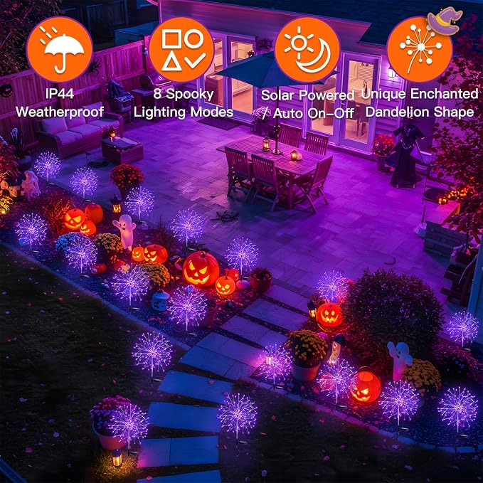 2 Pack Purple Halloween Lights Outdoor, 150LED Purple Solar Garden Lights with 8 Modes, Waterproof Solar Firework Light for Halloween Yard Garden Decorations