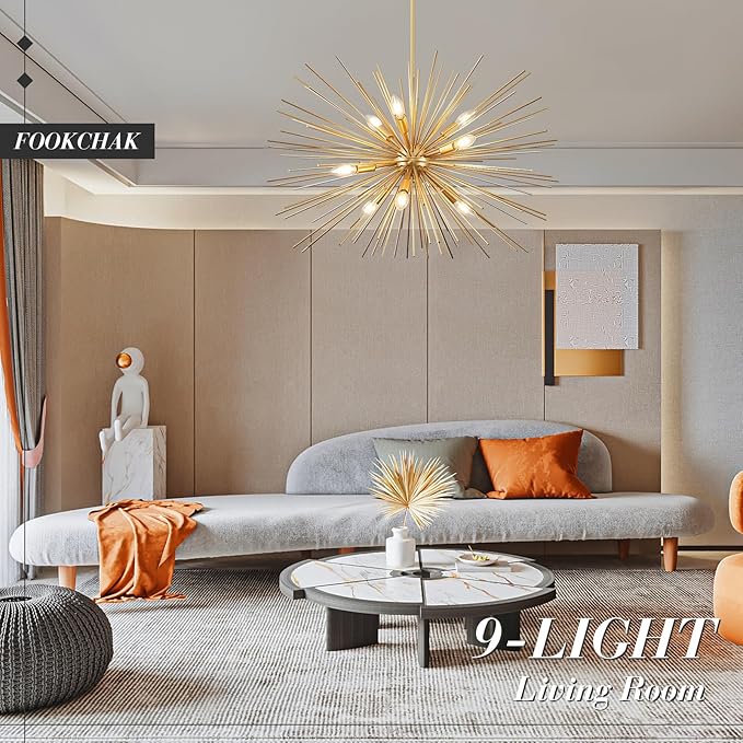 32in Gold Sputnik Chandelier Solid Metal Starburst Chandelier Light Fixture 9-Light Mid-Century Modern Satellite Light Fixture for Living Room Dining Room Foyer Study Room Bathroom,E12