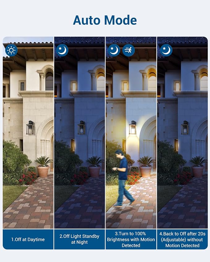 DEWENWILS Motion Sensor Outdoor Wall Lights, Dusk to Dawn Farmhouse Light | Clear Glass, Open Bottom, 3 Modes, 33FT Detection Range, 140° Sensing Angle, E26 Socket, Ideal for Doorway Garage Patio