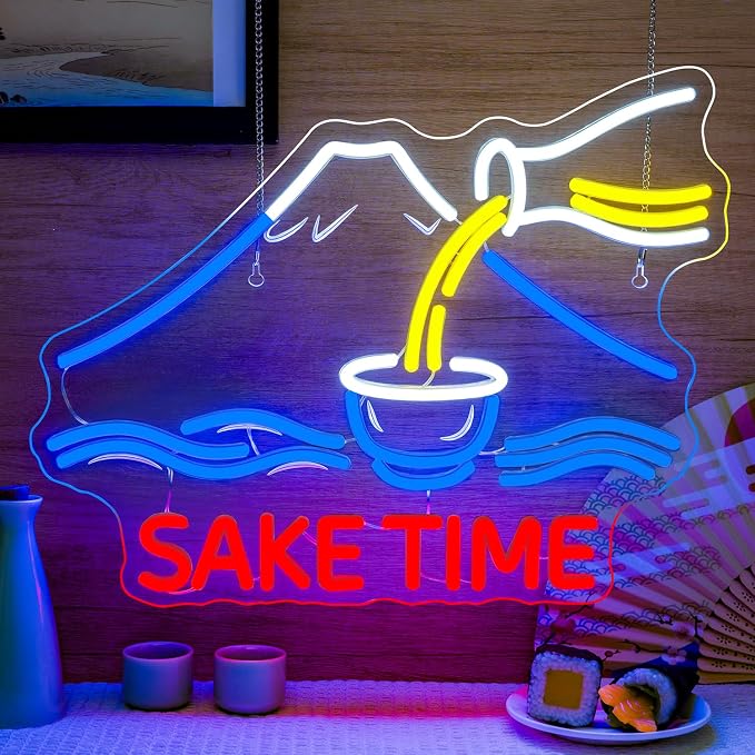Sake Time Neon Signs for Wall Decor Bar Neon Light Up Bar Home Bedroom Sake LED Signs for Japanese Art Wall Decor Mount Fuji LED Light Gifts for Anime Lover Party