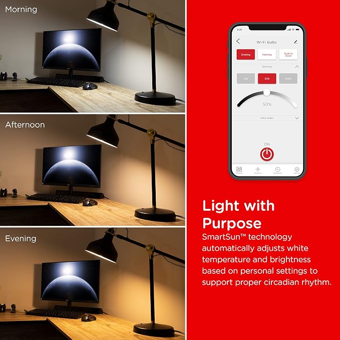 UltraPro Wi-Fi LED Smart Light Bulb, A19, 60W Equivalent, RGB, Color Changing, White Select Tunable 2700K - 6500K, Dimmable, 2.4GHz Router Required, Circadian Rhythm, Easy-to-Use App, 2 Pack, 51449