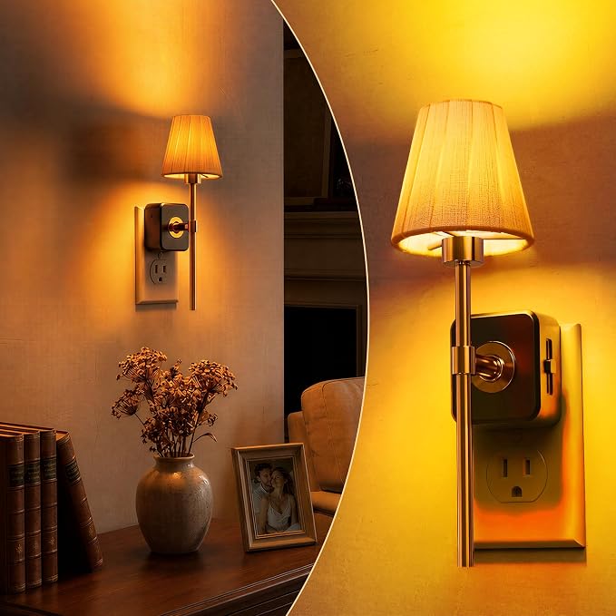 L LOHAS LED Night Lights Plug into Wall, Pleated Fabric Cover Night Light | Amber Night-light with 0-100LM Dimmable, Dusk to Dawn Sensor Vintage Nightlight for Bedroom Living Room Hallway