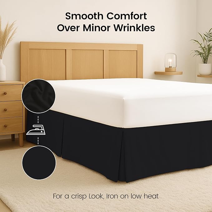 King Bed Skirt, Hides Under-Bed Storage 16 Inch Drop, Pleated, Black | Easy Fit Design, Shrinkage & Fade Resistant, Hotel Style, Microfiber Durable Fabric, Machine Washable