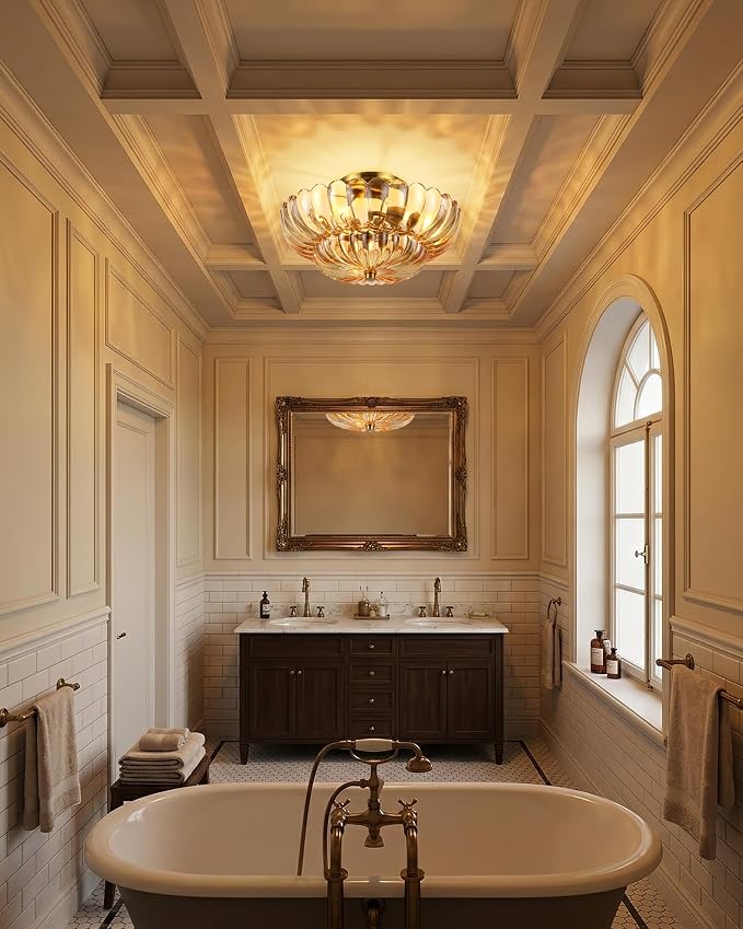 Semi Flush Mount Ceiling Light Fixture 14" Vinatge Gold Ceiling Lights Mid Century Modern Glass Close to Ceiling Lighting Fixtures for Bedroom Hallway Kitchen Laundry Room Bathroom Foyer