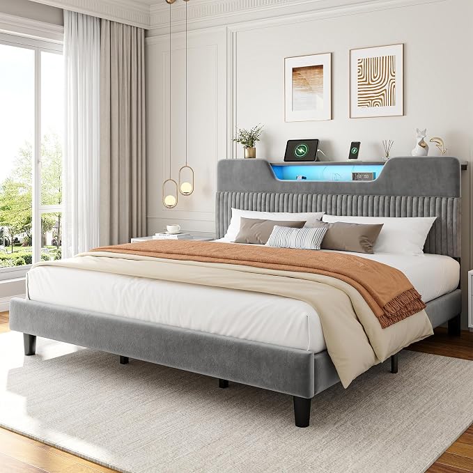 Homkdom Queen Bed Frame with Charging Station & Storage Headboard,Grey | 1USB-C & 2USB-A Charging, RGB LED Lights,7.78" Under-bed Storage,Velvet Upholstered Headboard,No Box Spring,Easy Assembly.