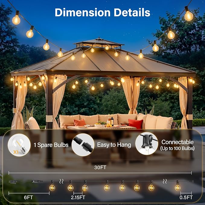 30FT Outdoor String Lights with Remote, Waterproof Connectable Dimmable G40 Patio Lights with 12+1 Shatterproof Edison LED Bulbs Plug in, Hanging Light for Outside Backyard Deck Garage Decor