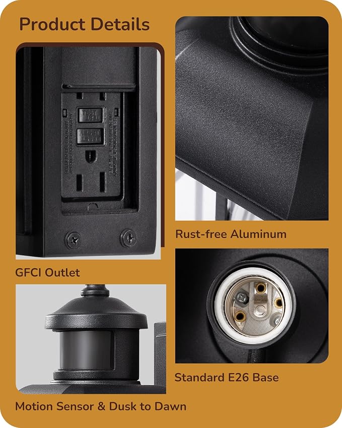 EDISHINE Motion Sensor Dusk to Dawn Outdoor Wall Lights with GFCI Outlet | 3 Modes, E26 Base, 140° Angle & 33FT Range, Waterproof Outdoor Wall Sconce for Patio Garage, Black