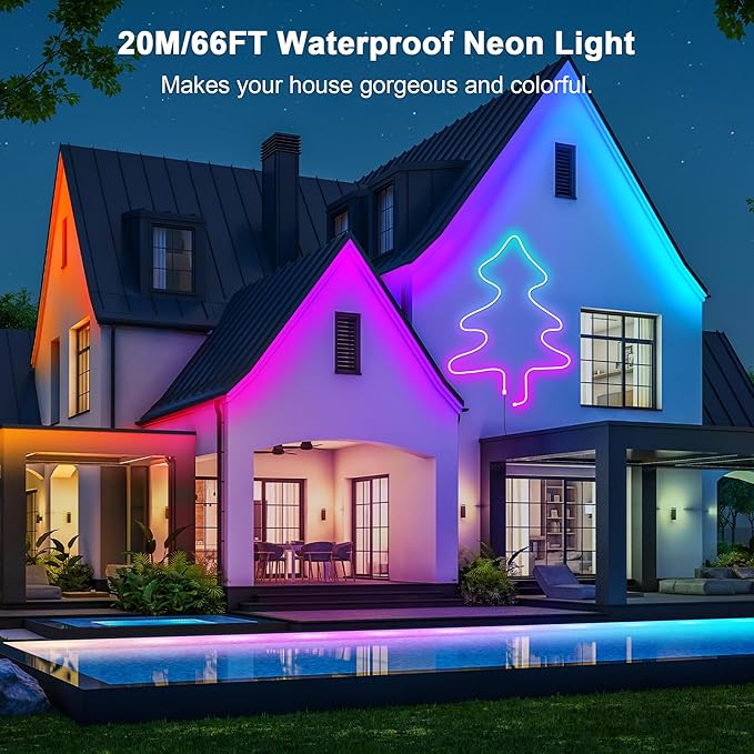 Cozylady 66Ft (33Ft * 2 Rolls) RGB LED Neon Rope Lights for Bedroom, 20m LED Strip Lamp with Double Sided Adhesive Tape, App/Remote Control DIY Lights Decorate The Outdoor and Indoor of Your Home