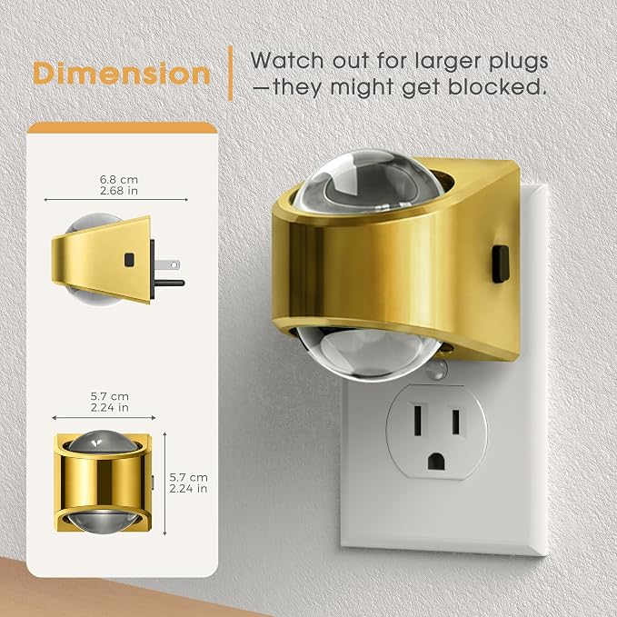 Projector Night Light, Rotating Gold Night Lights Plug into Wall | Dimmable, Soft White 3000K, Dusk to Dawn Nightlight for Kids, Bedroom, Nursery, Bathroom, Home Decor, Gaming Room, 2 Pack
