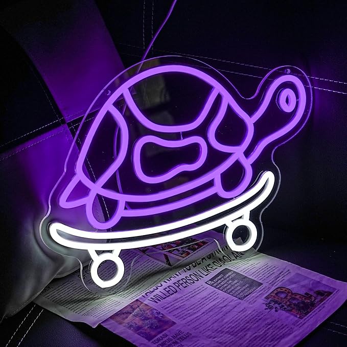 Skateboard Turtle Neon Sign for Wall Decor Skateboarding Neon Light Sea Creature Led Light Sign Ocean Led Neon Wall Sign for Bedroom Skatepark Zoo Fish Shop