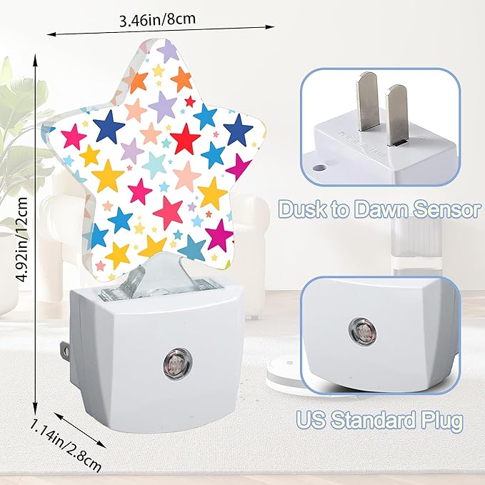 Colorful Stars Night Lights Plug Into Wall,Rainbow Star Star Night Light for Kids,Nightlight with Dusk to Dawn Smart Sensor for Bedroom Bathroom Decor,Children Women Men Gift