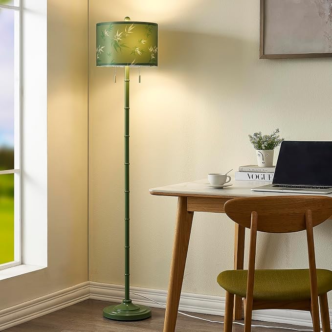 Upgraded 2-Light Mid Century Modern Green Floor Lamp for Living Room | 63.5'' Tall Floor Lamp with 3 Color Temp Bulbs, Living Room Lamp with Chain Switch, Standing Lamp for Bedroom, Office, Corner