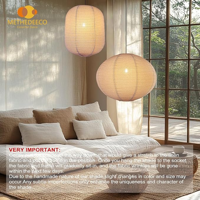 METHEDEECO Hanging Lamp Shade Set, Nature Beige, 2PCS | Oval 20x15 in + Cylinder 13.5x17 in, Foldable Minimalist Pendant Lantern Shade for Bedroom Living Room Kitchen, Shades Only
