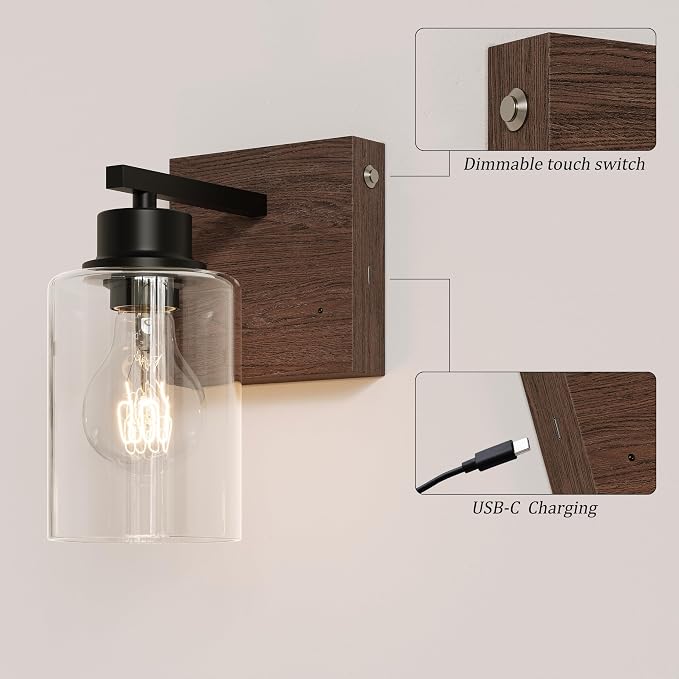 Rayogale Wireless Battery Operated Wall Sconce Set of 2 with Remote Control | Black & Walnut Dimmable Rechargeable Wall Lights with Timer, Easy Install Glass Lamp for Living Room Bedroom, Emergency 3000K