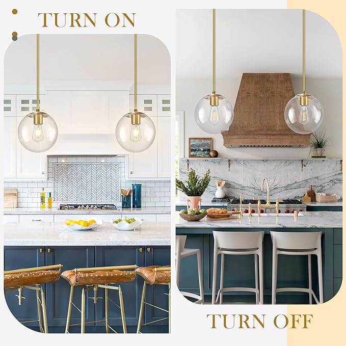 10" Globe Pendant Light Gold 2 Pack Mid Century Pendant Light Globe Pendant Lights Kitchen Island Brushed Brass Finished with Clear Glass Adjustable Ceiling Light Fixtures for Dining Room Bar