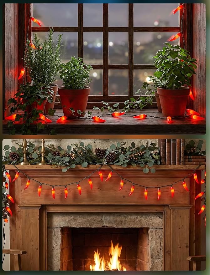 35 LED Red Chili Pepper Christmas Lights, 13.6Ft Camping String Lights | Plug in, Shatterproof, Indoor Fairy Lights for Kitchen Cook Off Decorations, Outdoor Patio Summer Decor, Green Wire