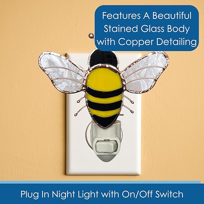 Gift Essentials Honey Bee Plug in Night Light - Stained Glass Nightlight with On/Off Rocker Switch - Includes One 4 Watt Replaceable Incandescent Warm Glow Bulb