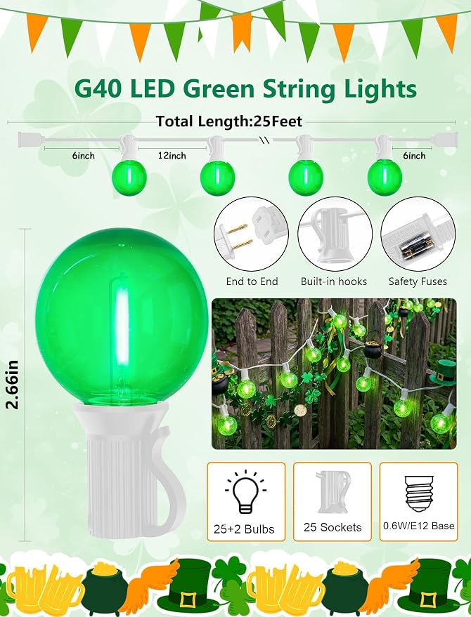 GOOTHY 25Ft G40 LED Outdoor Globe String Lights, Outdoor Christmas Decorations Lights with 27 Shatterproof Green Bulbs, Hanging Patio Light Waterproof for Irish-Themed Party Backyard Garden Wedding