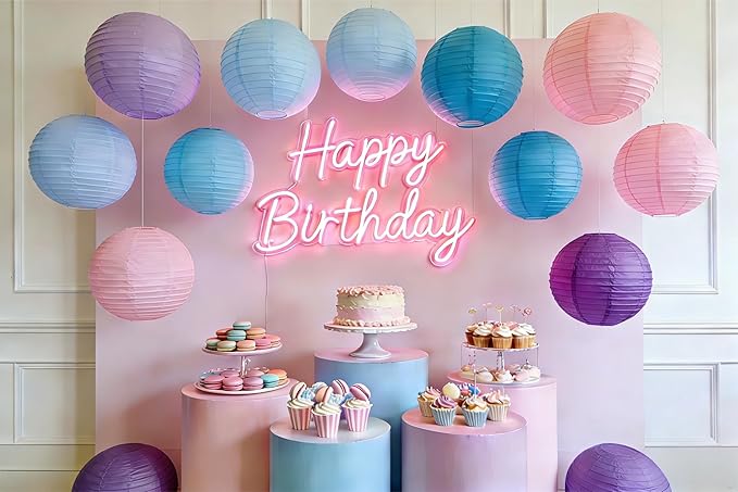 Pastel Paper Lanterns Set (12 Pcs) - 6/8/10 Inch Nilan, Pink, Purple, Lavender & Blue Round Hanging Paper Lanterns for Party Decor, Baby Showers, Weddings & Bedroom Accents